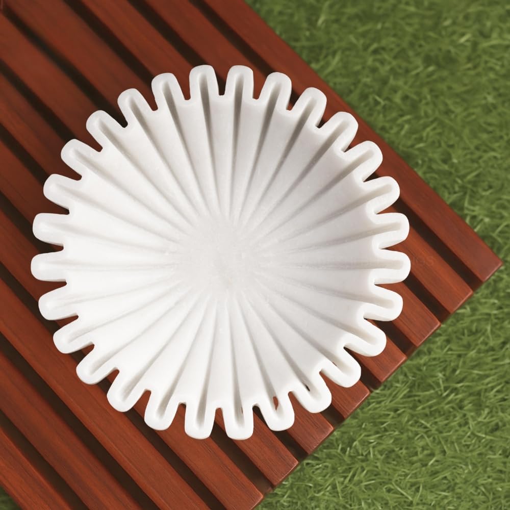 SWADESHI BLESSINGS HandCrafted Marble Ruffle Bowl/Antique Scallop Bowl/Fruit Bowl/Vintage Ring Dish/Decorative Flower Dish/HouseWarming Gift/Wedding Gifts/Urli (9 Inches)