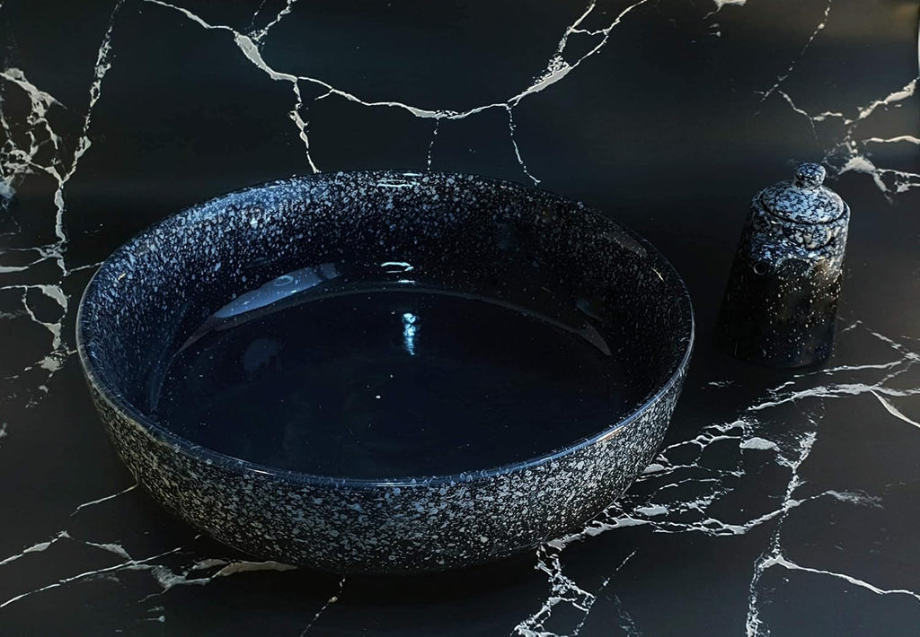 Extra Large Salad Serving Bowl  11 inch. Big Ceramic Navy Dark Blue Pasta bowl Plus Oil Bottle. 95 oz. Beautiful And Elegant Huge Design. Giant Mixing and Fruit Bowls