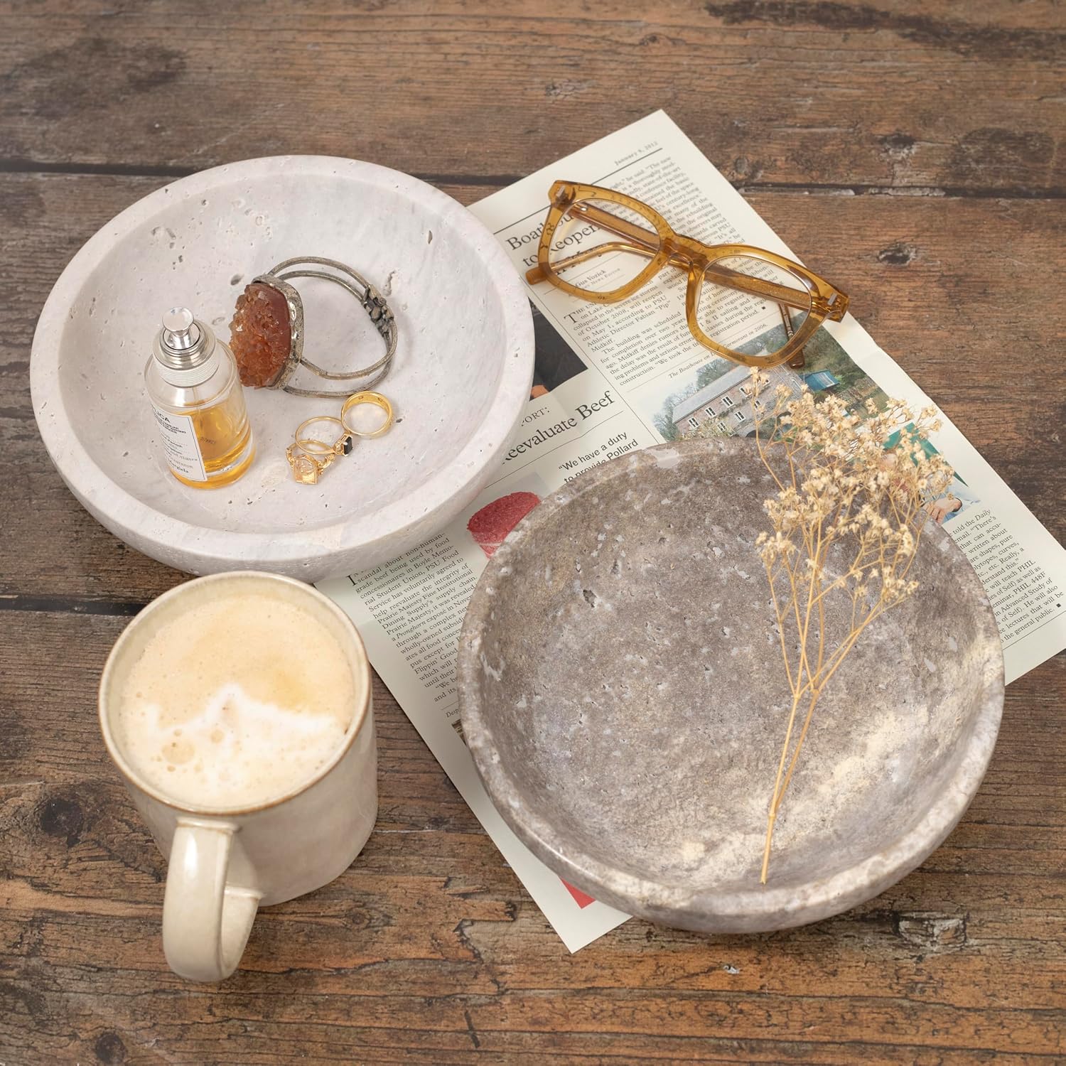 Shelf & Nook Travertine Decorative Bowls for Home Decor. Key Bowl for Entryway Table in a Choice of 3 Colors. (Silver-Gray)